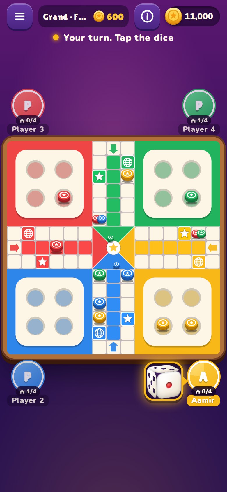 A four-player game of Ludo in progress